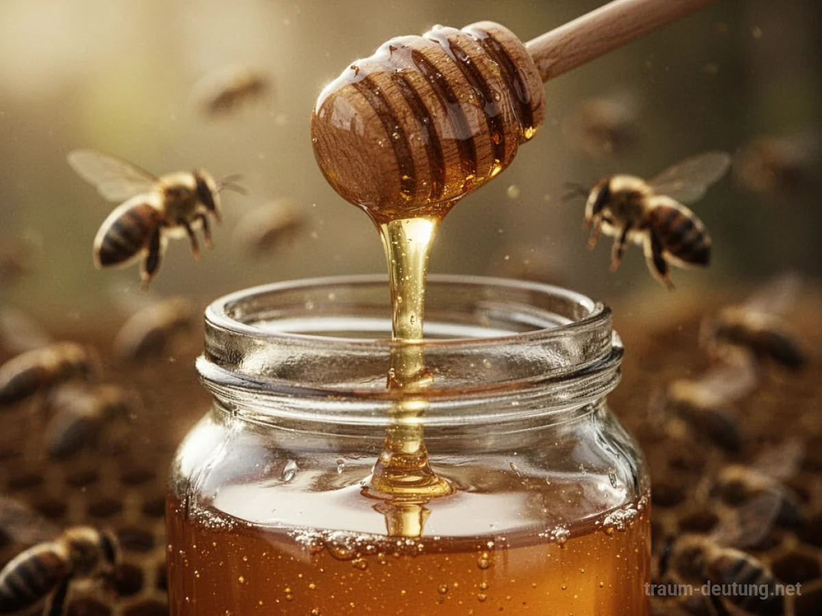 Goldener Honig wird in ein Glas gefüllt, Bienen im Hintergrund