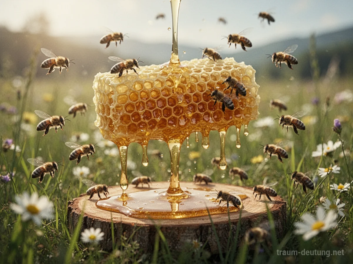 Goldener Honig tropft aus einer Wabe, umgeben von Bienen in einer sonnigen Wiese.