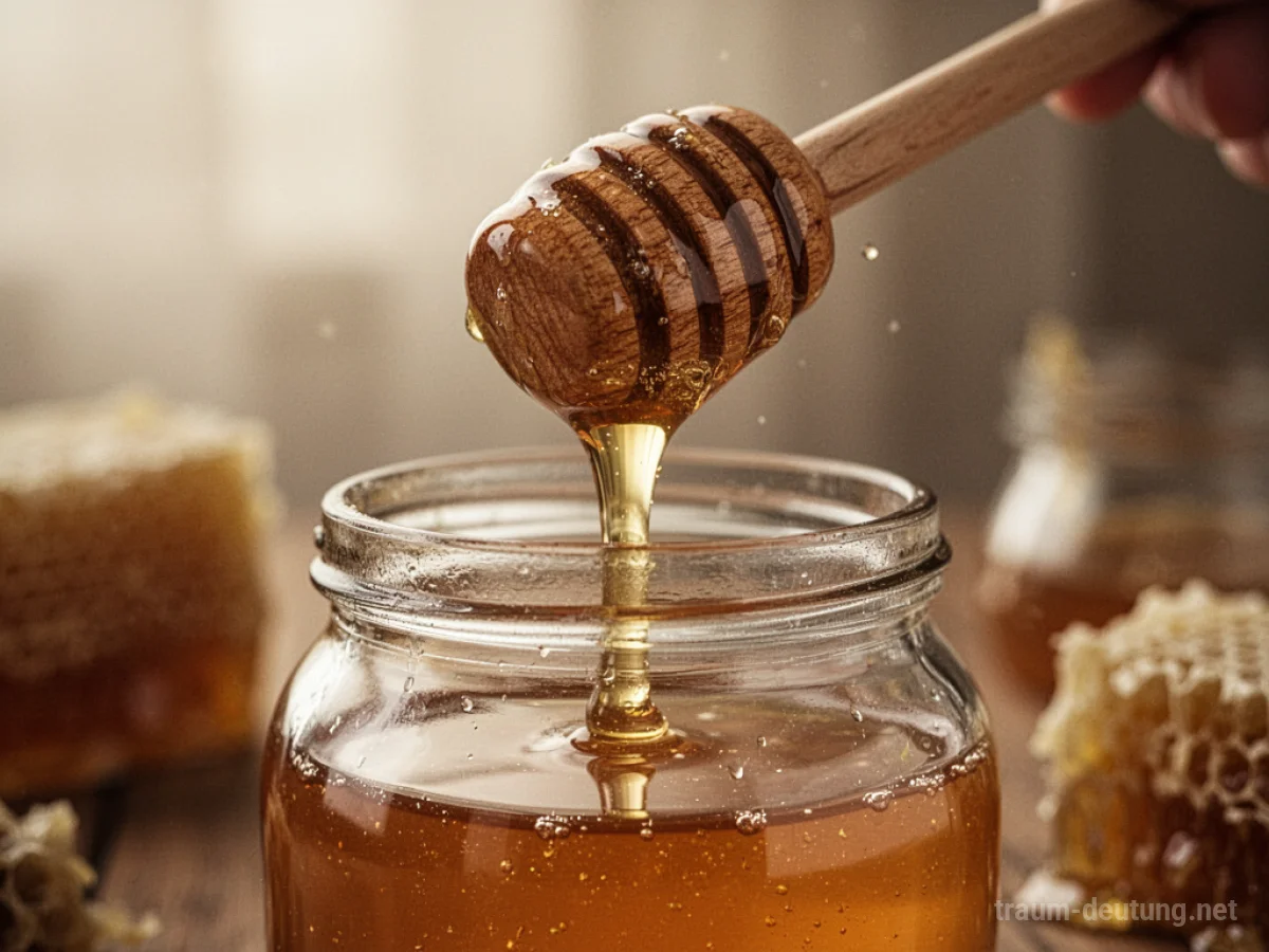Goldener Honig fließt langsam aus einem Holzlöffel in ein Glas.