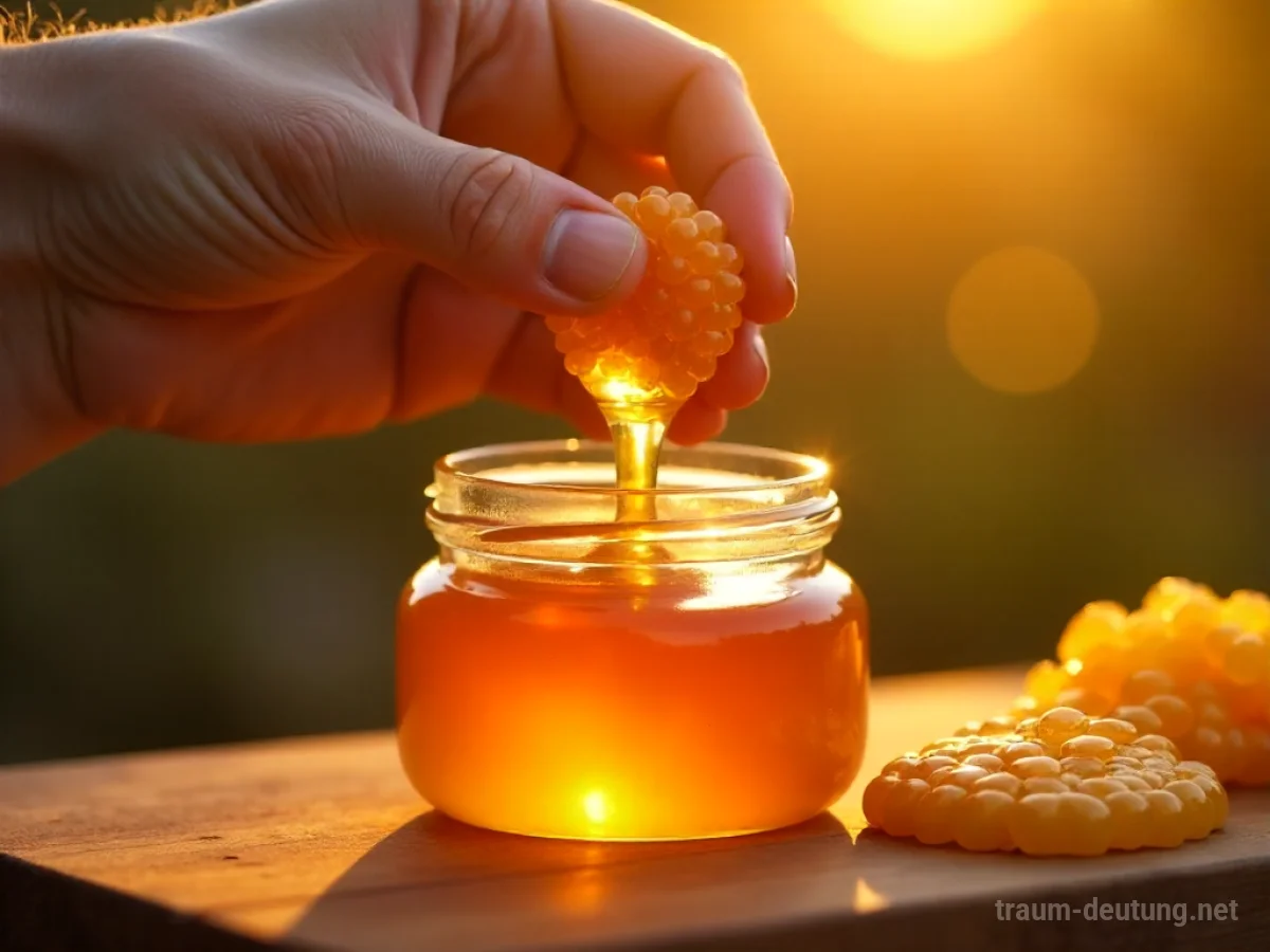 Hände sammeln goldenen Honig aus einer Wabe in ein Glas.