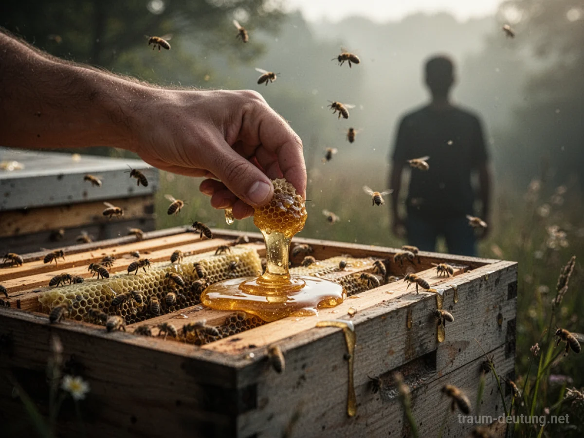 Hand stiehlt Honig aus einem Bienenstock, Schatten einer Person im Hintergrund.