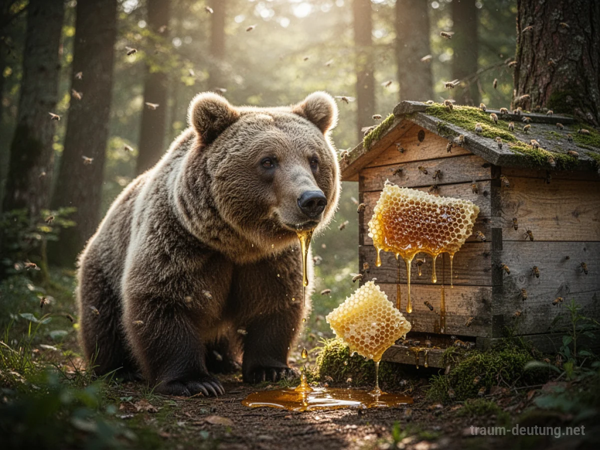 Ein freundlicher Bär in der Nähe eines Bienenstocks, mit goldenem Honig, der von einer Wabe tropft.