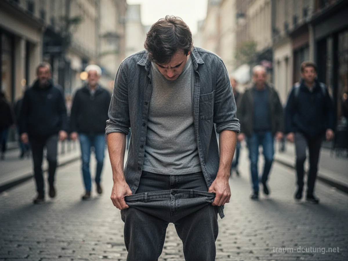 Eine Person im Traum, deren Hose herunterfällt, mit besorgtem Gesichtsausdruck.
