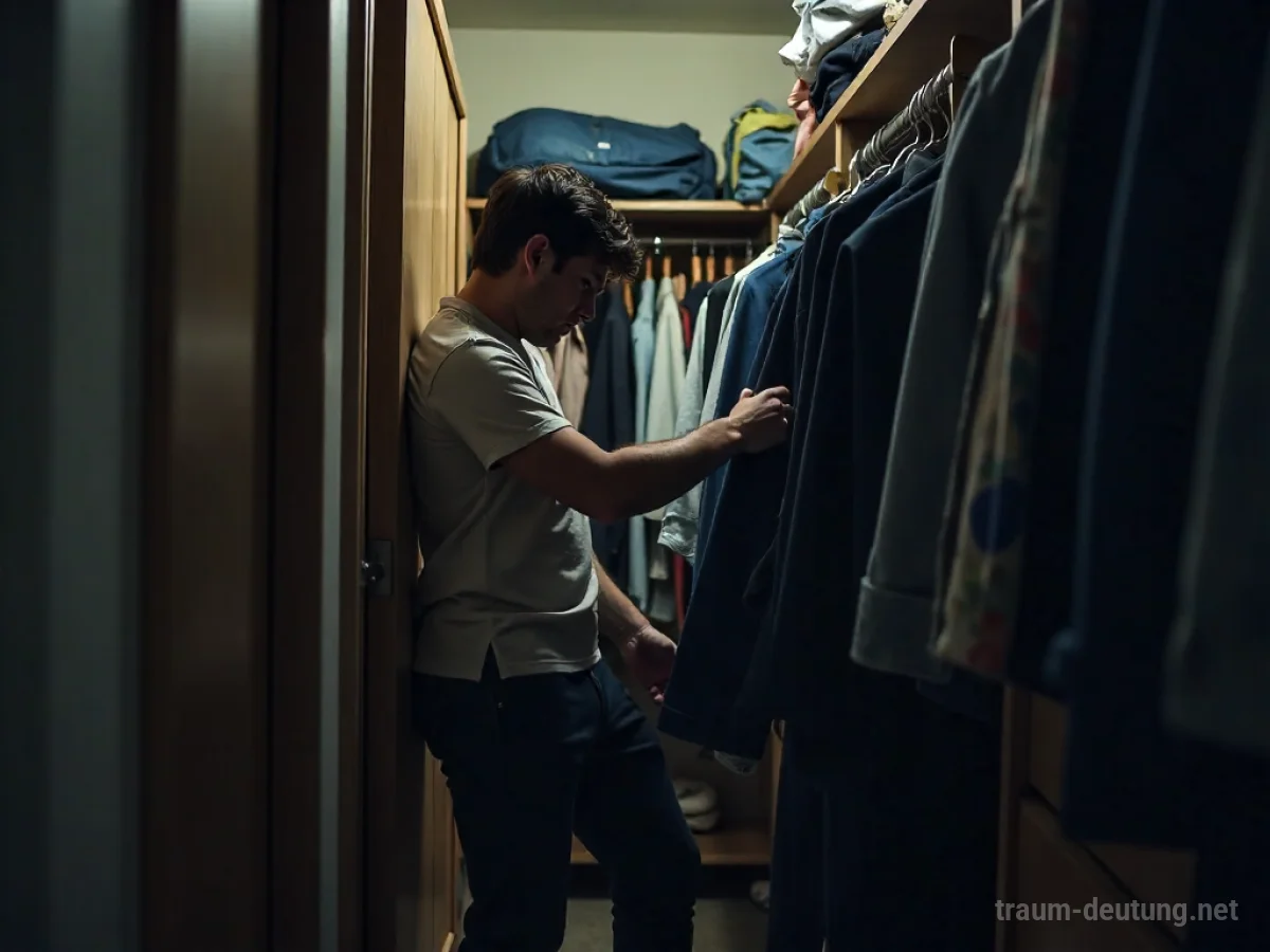 Eine Person sucht verzweifelt nach einer Hose in einem unordentlichen Kleiderschrank.