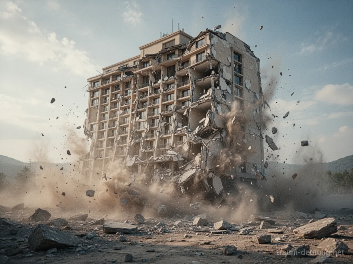 Ein Hotelgebäude stürzt in sich zusammen.