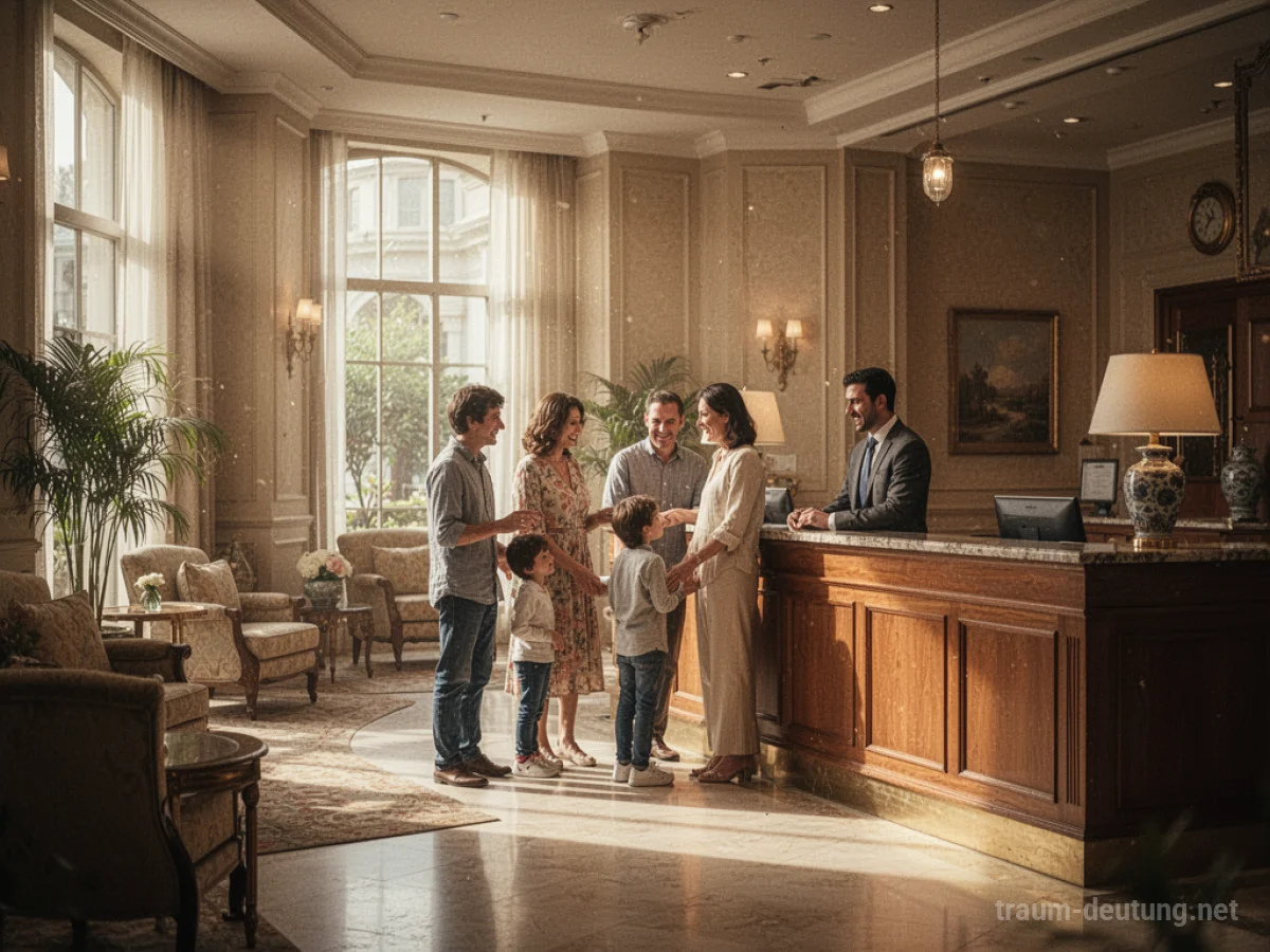 Eine Familie steht fröhlich in der Lobby eines Hotels.