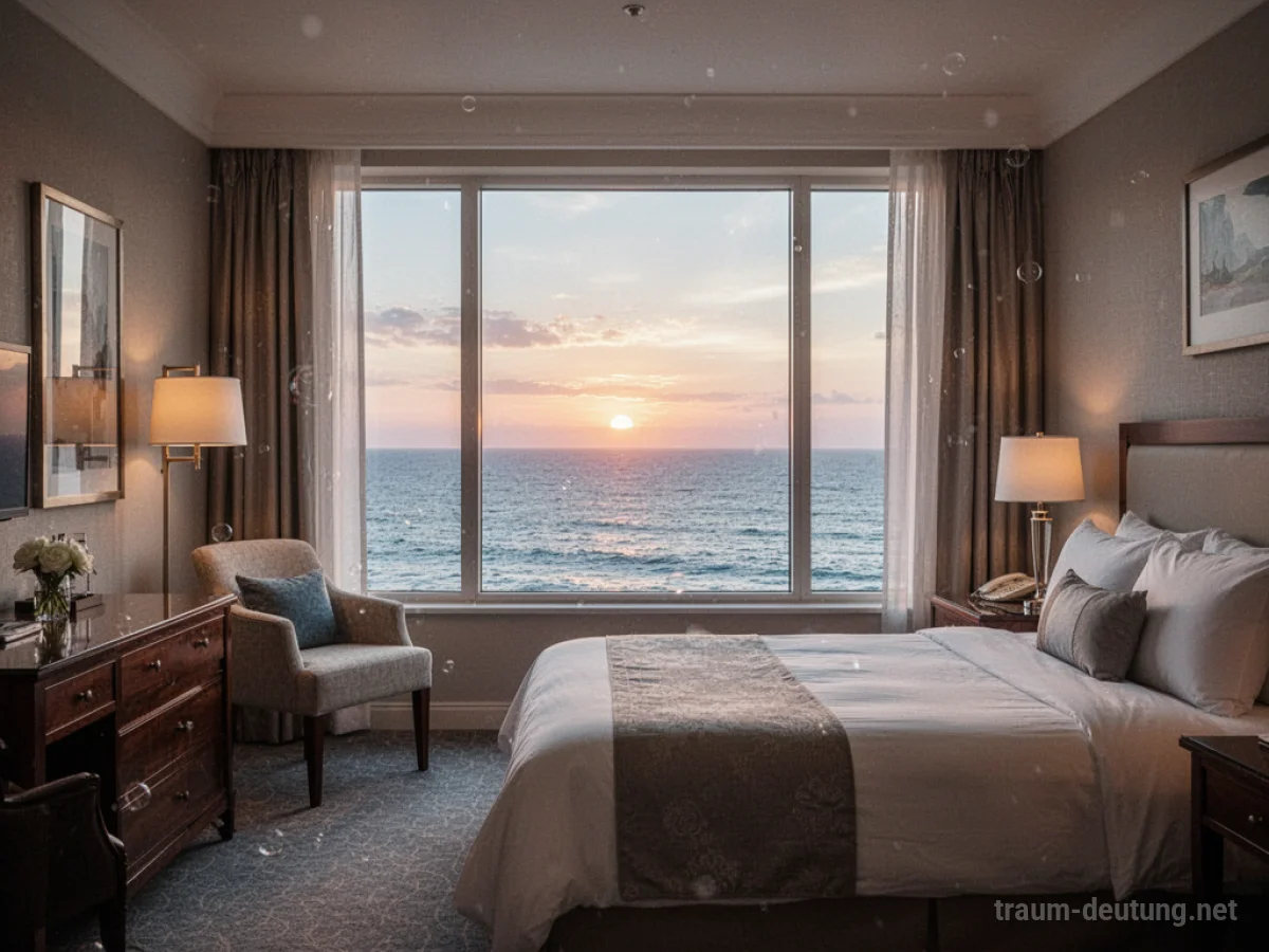 Ein Hotelzimmer mit großem Fenster und Blick auf das Meer bei Sonnenaufgang.