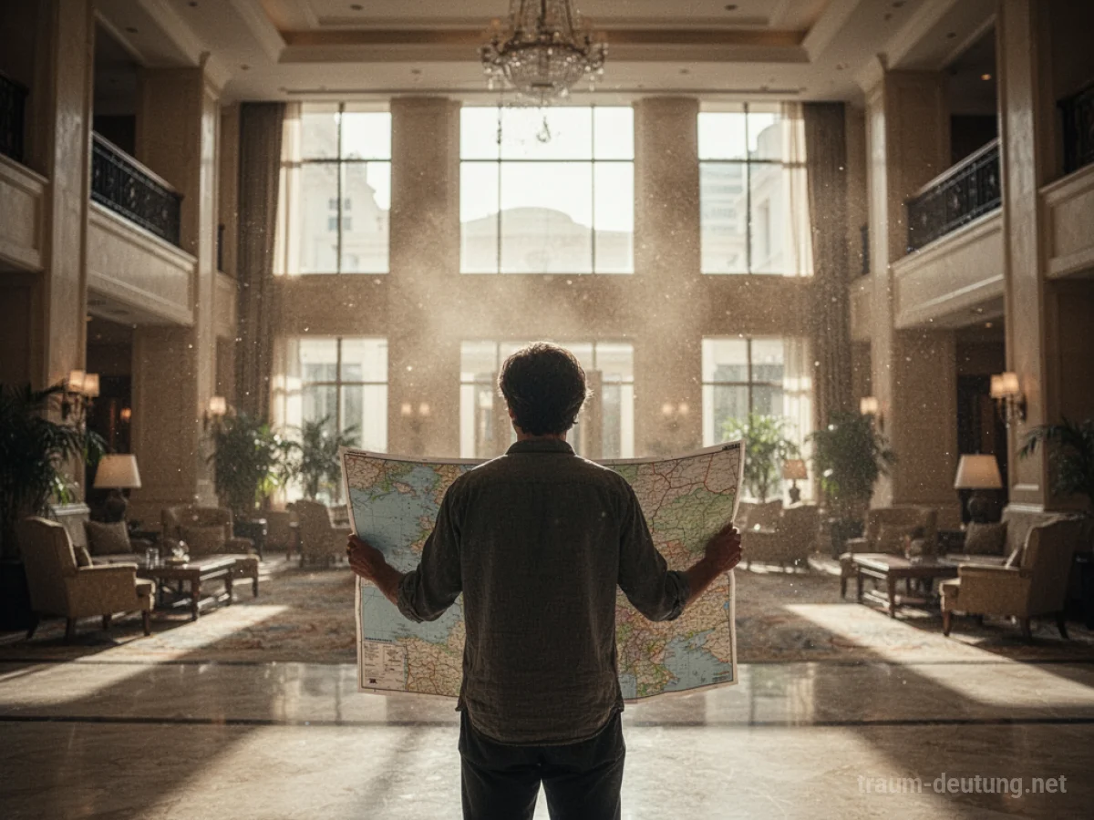 Person sucht nach einem Hotel in einer leeren Lobby mit einer Karte.