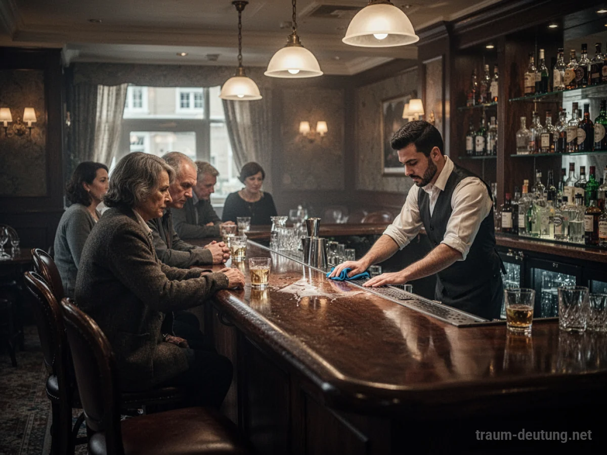 Eine gedämpft beleuchtete Hotelbar mit einigen Gästen am Tresen.