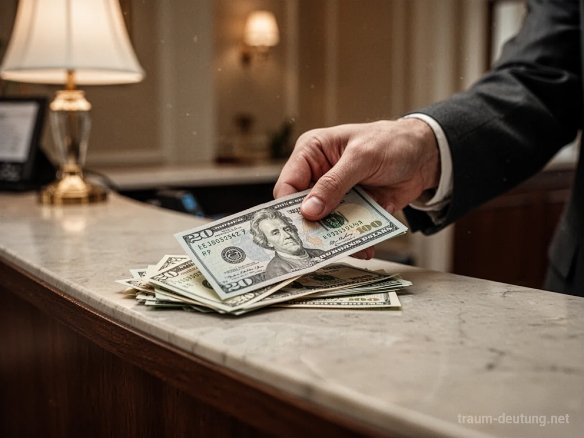Eine Hand legt eine Rechnung und Geld auf einen Hotel-Schreibtisch.