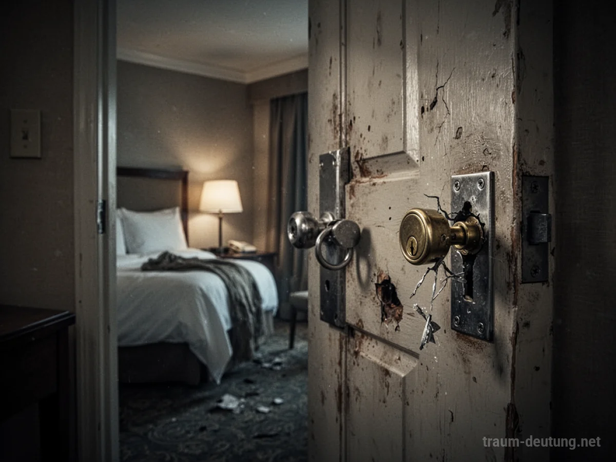 Offene Tür eines Hotelzimmers, deren Schloss defekt ist.