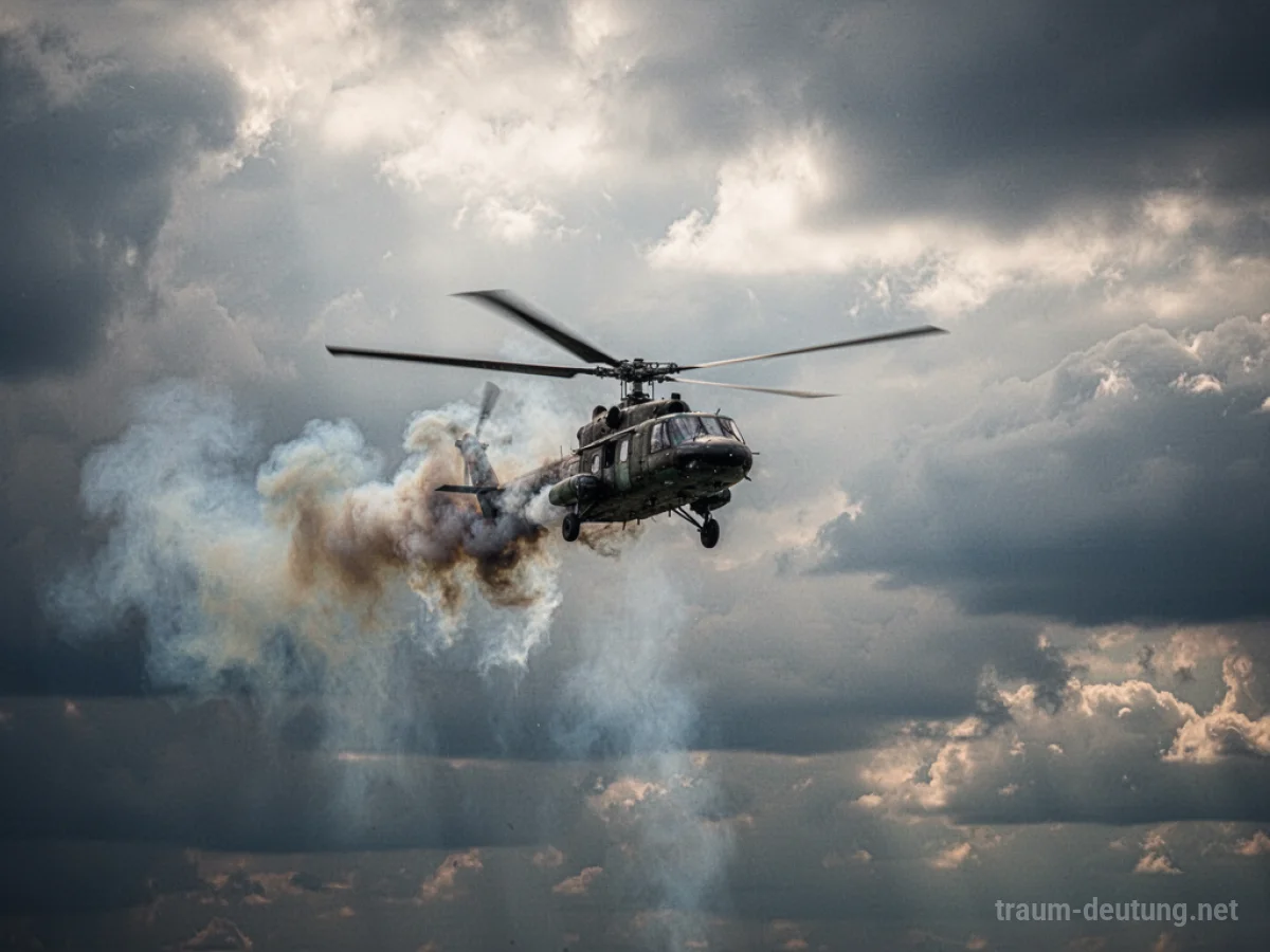 Ein explodierender Hubschrauber mit Rauchsäulen am Himmel