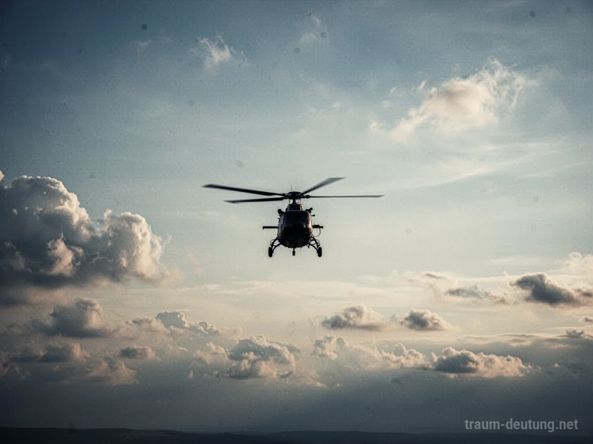 Ein Hubschrauber wird kleiner am Horizont, fliegt in den Himmel.