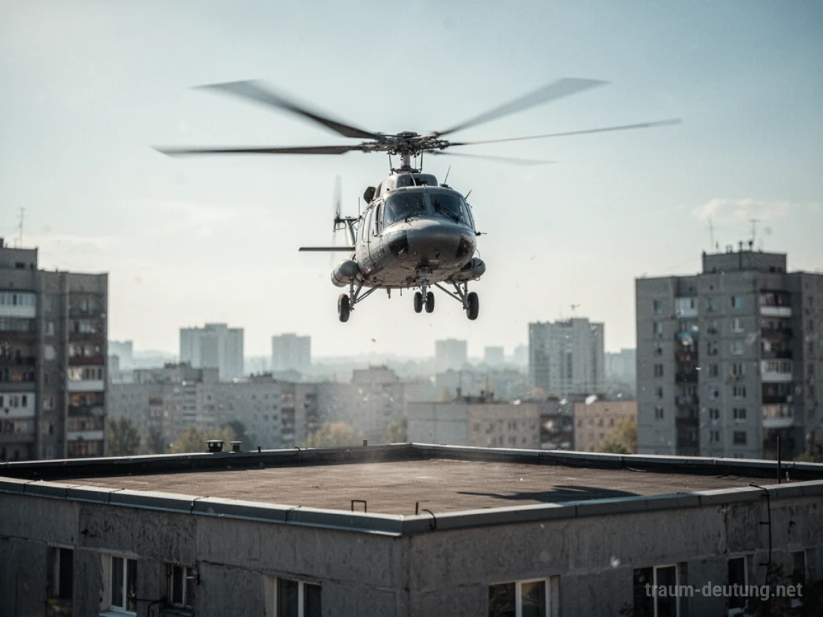 Hubschrauber setzt auf einem Dach auf.