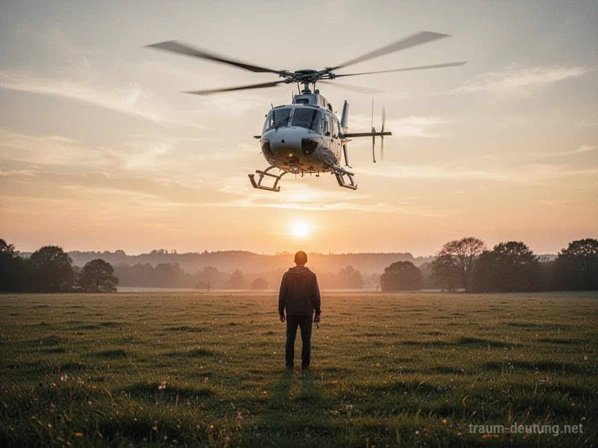Ein Hubschrauber landet sanft bei einer Person auf einem Feld bei Sonnenuntergang.