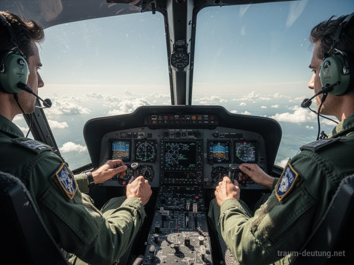 Cockpit eines Hubschraubers mit Händen am Steuer, Blick in den Himmel