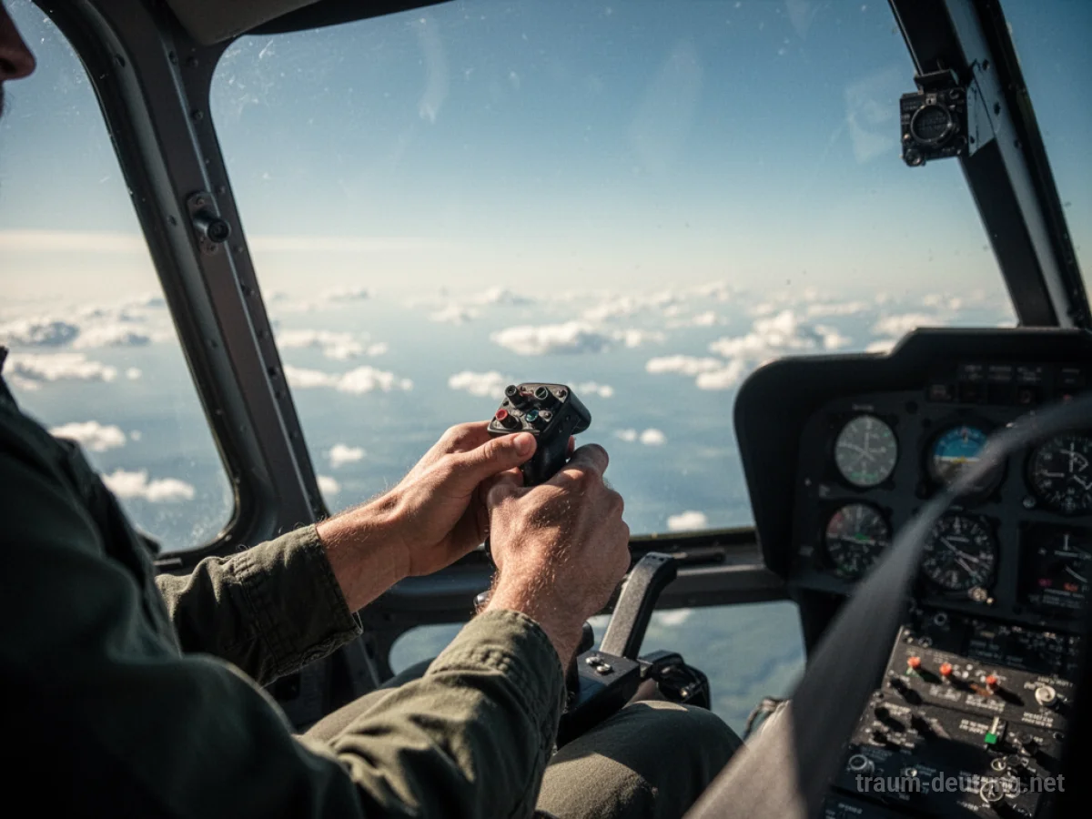 Hände am Steuerknüppel eines Hubschraubers, Blick aus dem Cockpit in den Himmel.