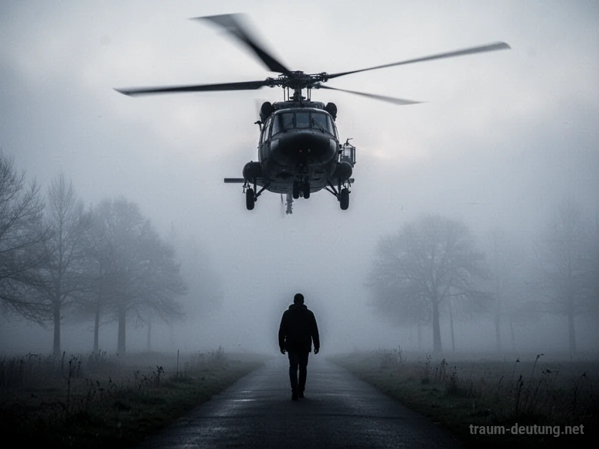 Silhouette eines Hubschraubers über einer Person auf einem dunklen Pfad