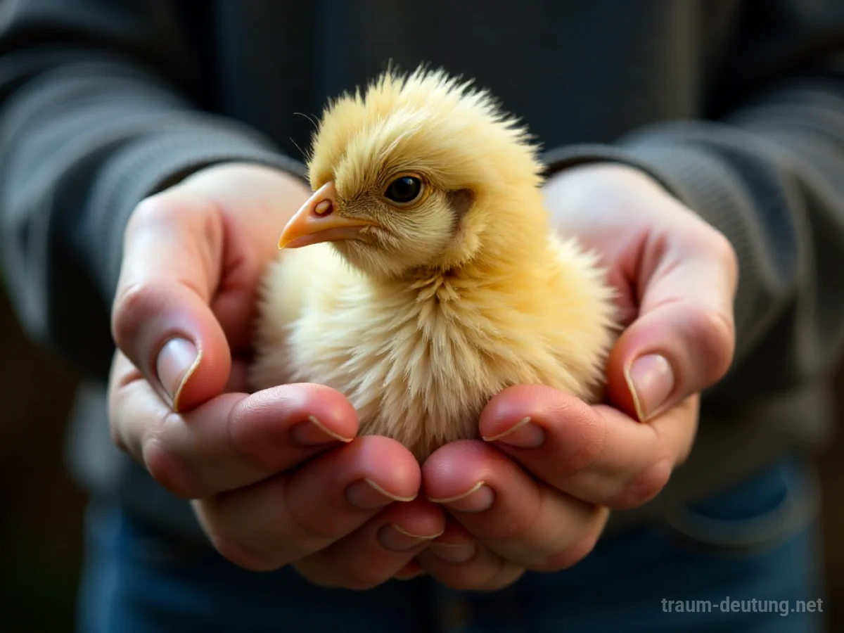 Hände halten ein kleines, flauschiges Huhn.