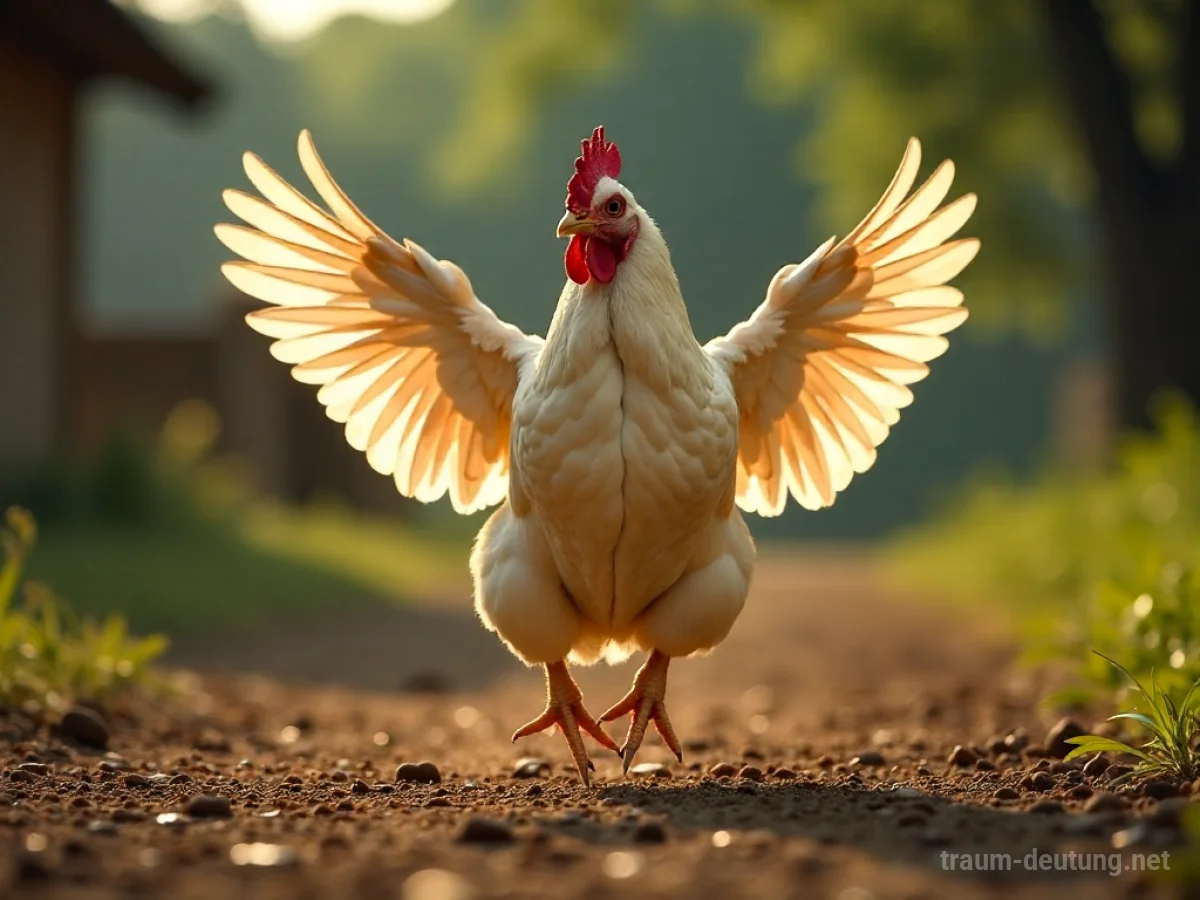 Huhn mit ausgebreiteten Flügeln fliegt vom Bauernhof auf.