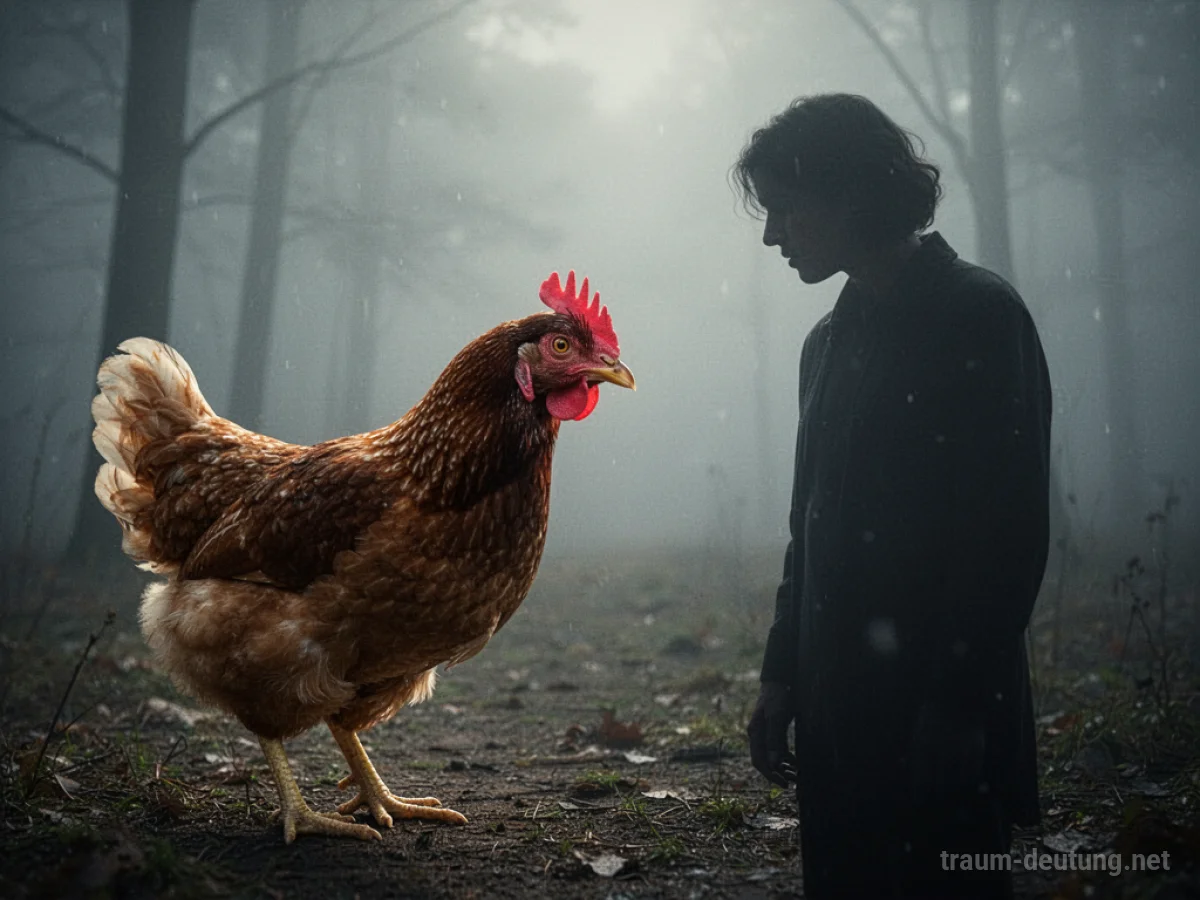 Huhn steht einem Menschen gegenüber, symbolisiert eine unerwartete Konfrontation