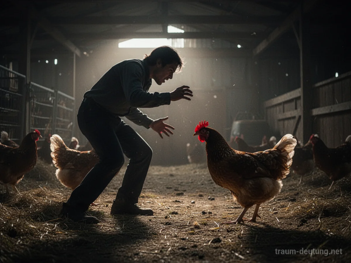 Eine Silhouette einer Person, die sich vor einem pickenden Huhn in einem Bauernhof zurückzieht.