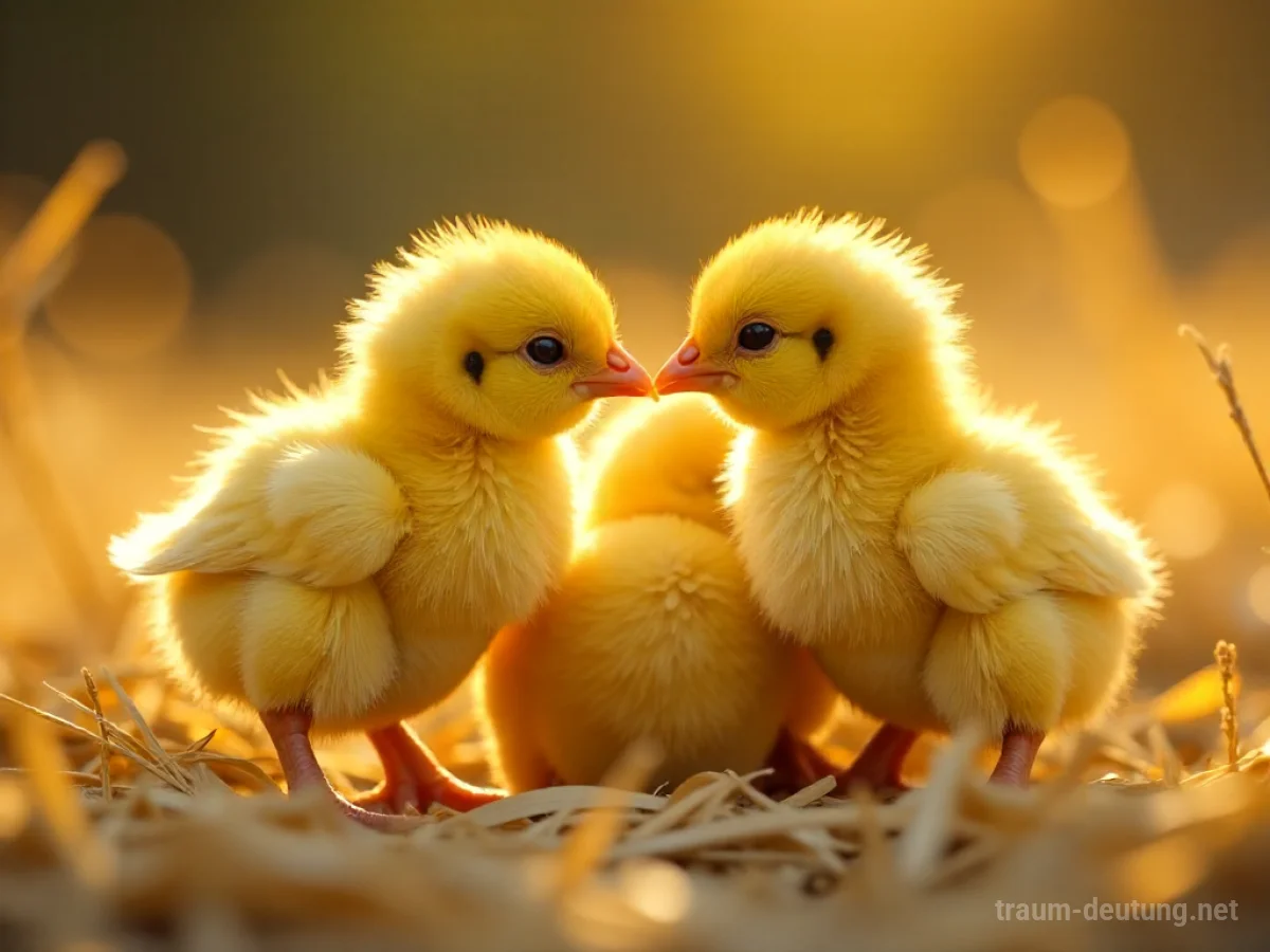 Kleine, flauschige gelbe Hühnerküken in Stroh