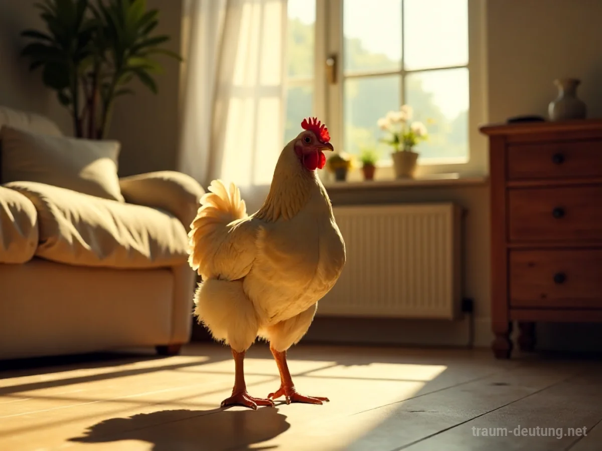 Huhn steht friedlich in einem hellen Wohnzimmer.