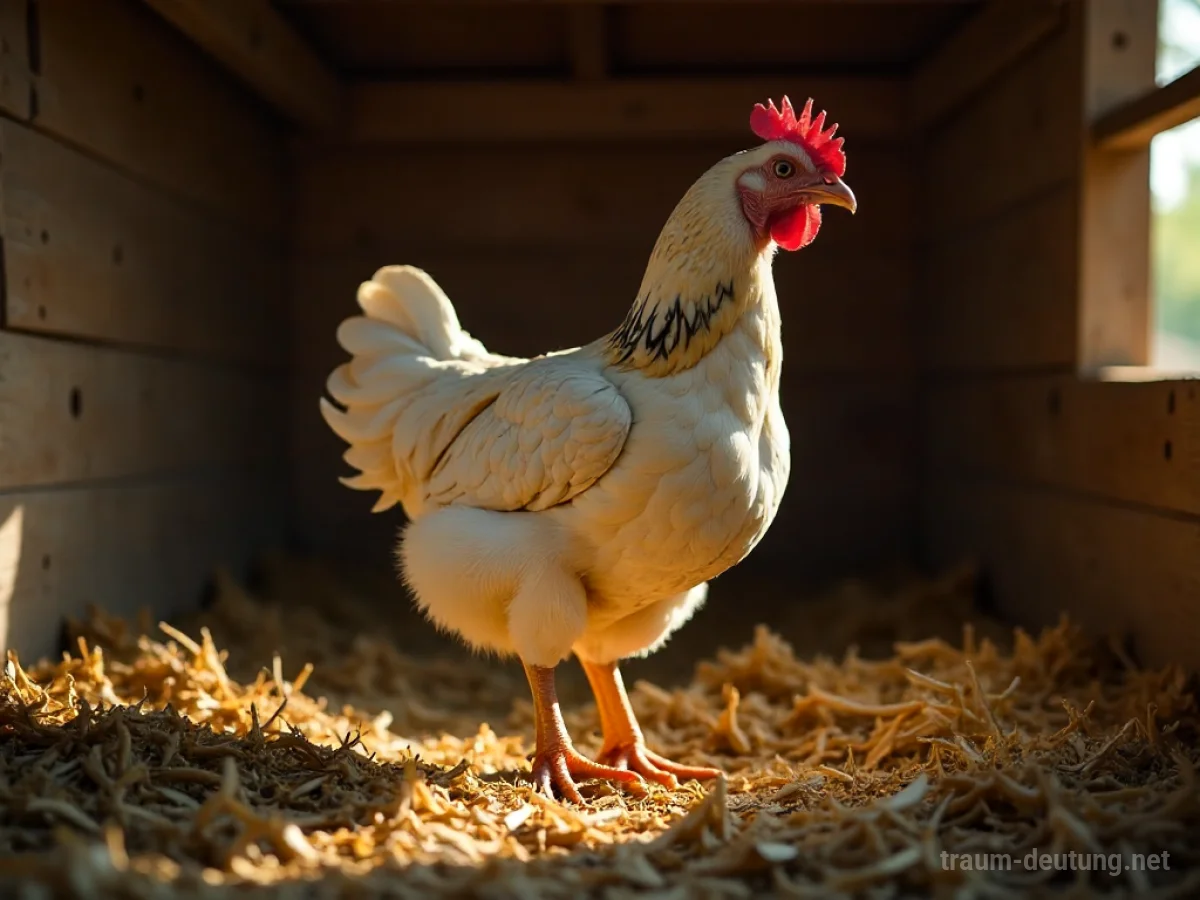 Huhn steht ruhig in einem rustikalen Holzstall mit Stroh.