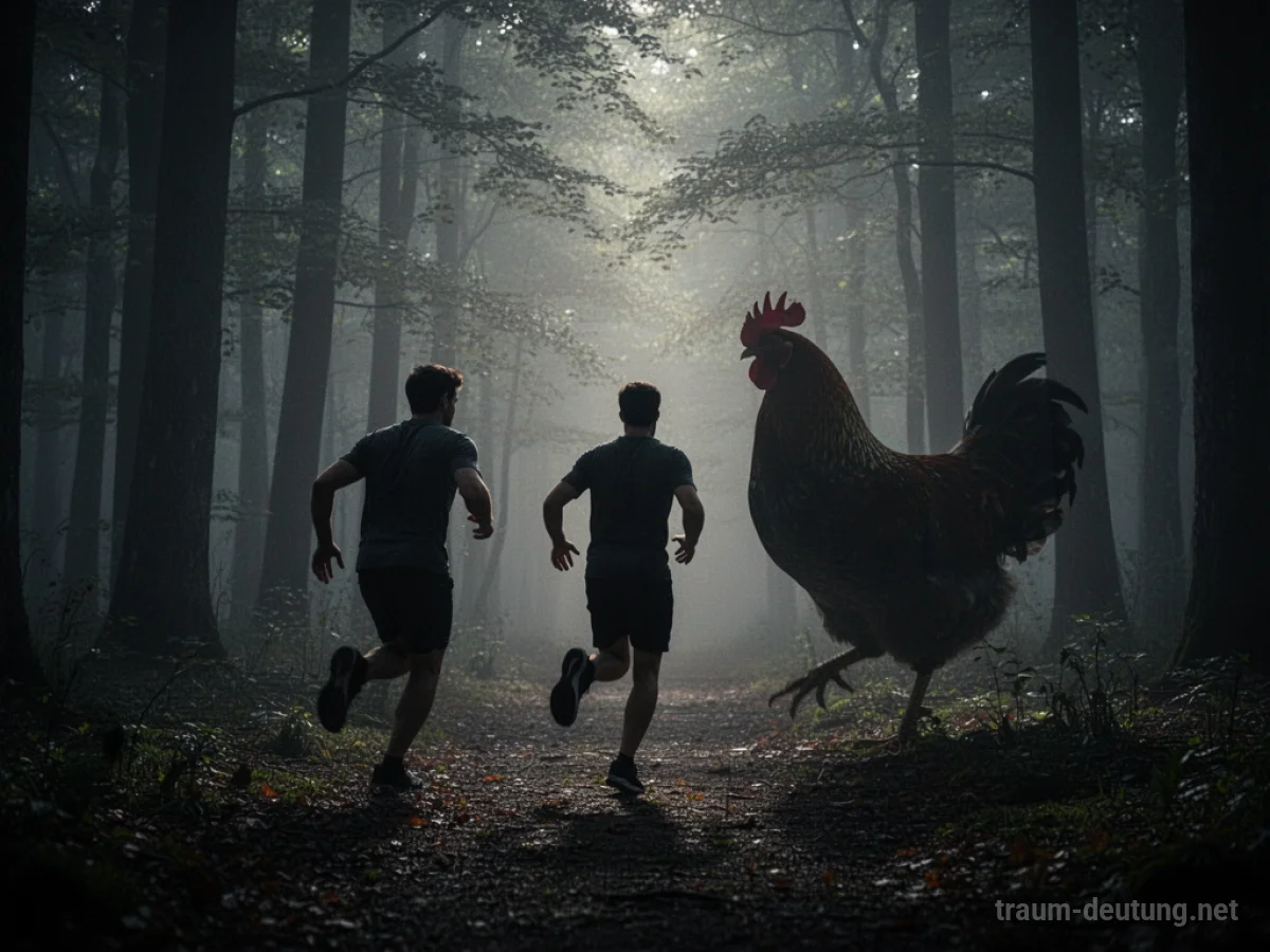 Person flieht vor bedrohlichem Huhn im Nebel