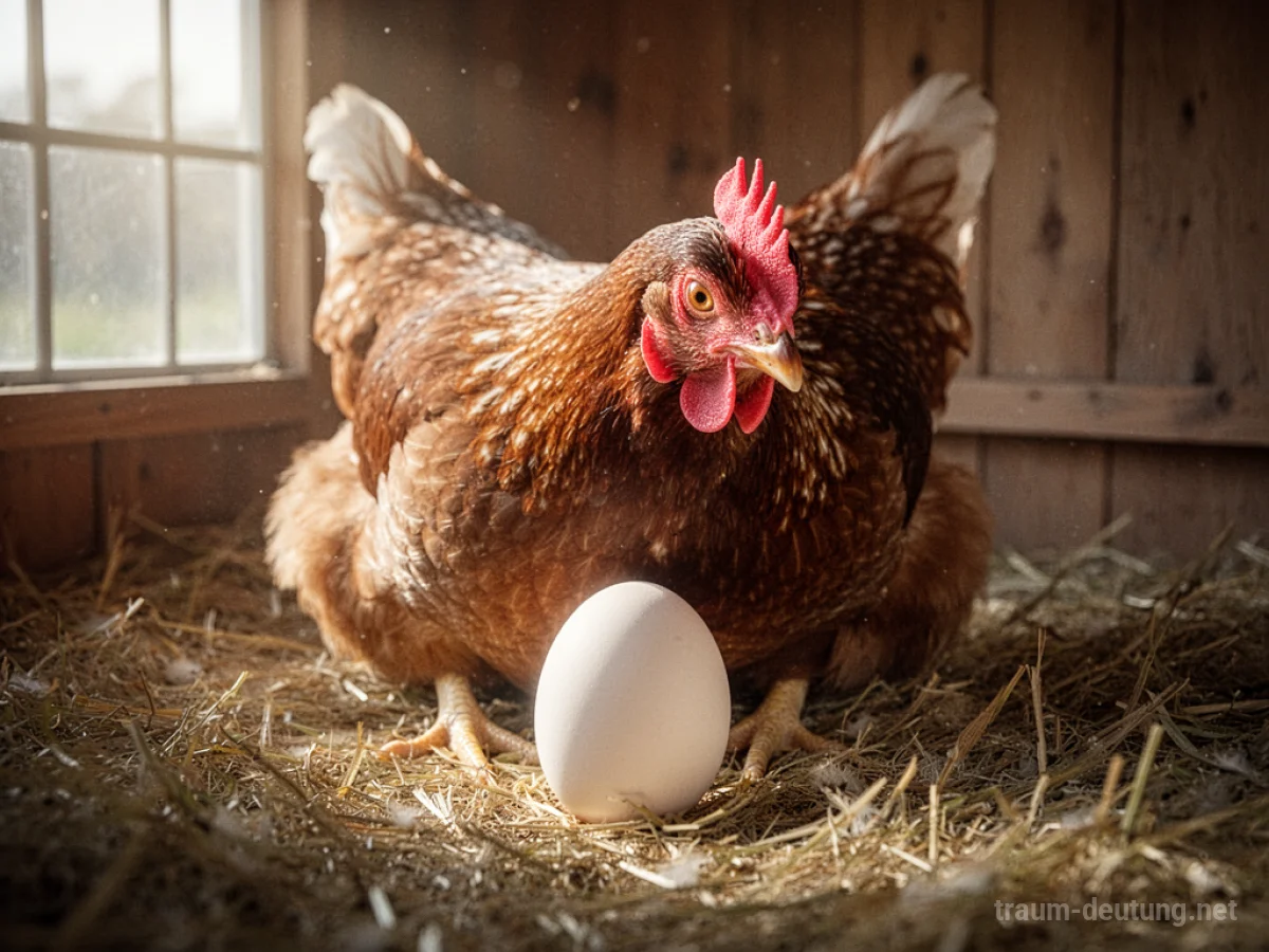 Ein Huhn legt ein Ei in einem Hühnerstall.