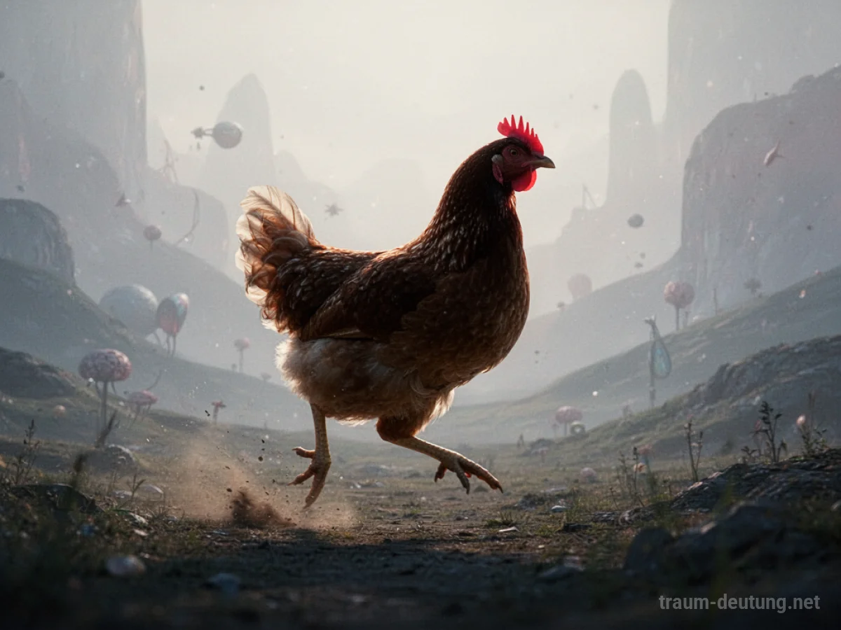 Kopfoses Huhn rennt über eine unwirkliche Landschaft