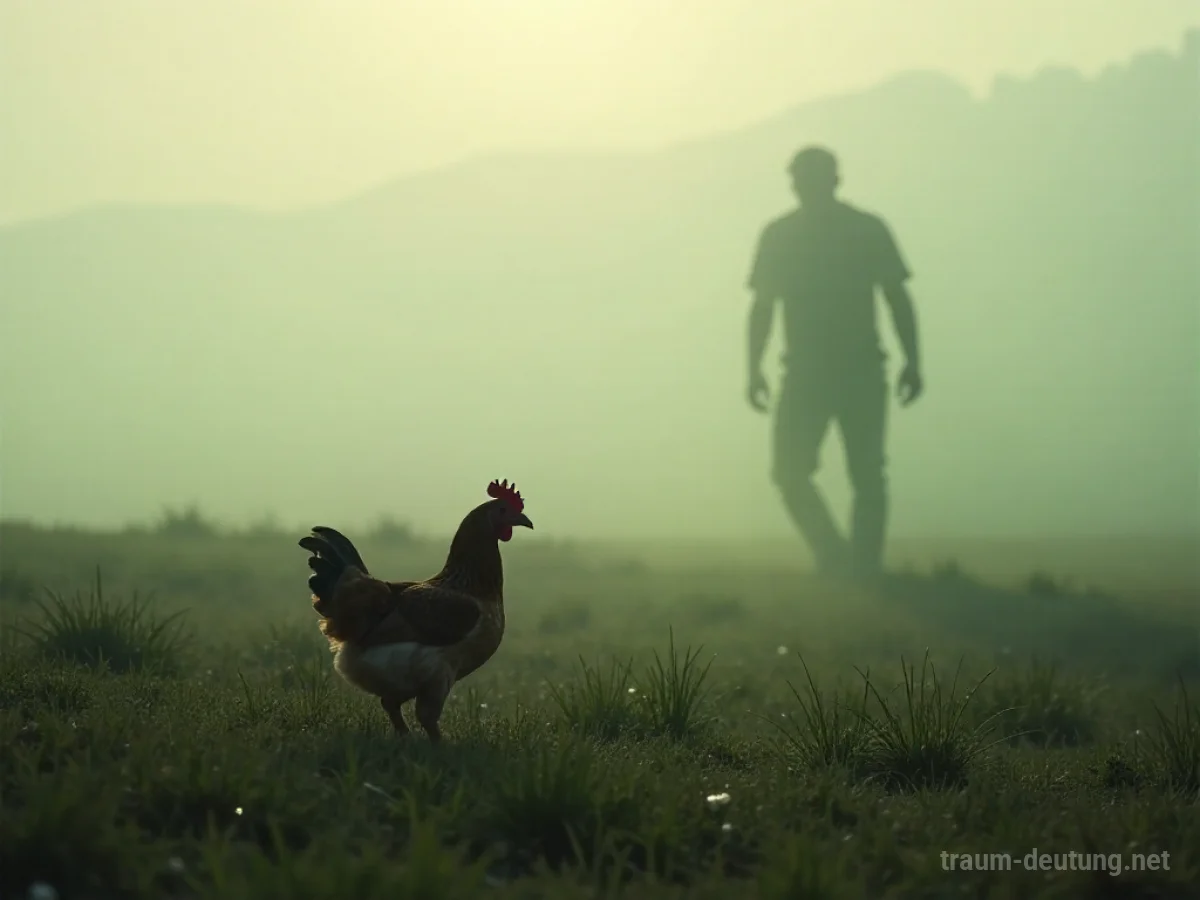 Ein Huhn rennt ängstlich über ein Feld, verfolgt von einem Schatten.