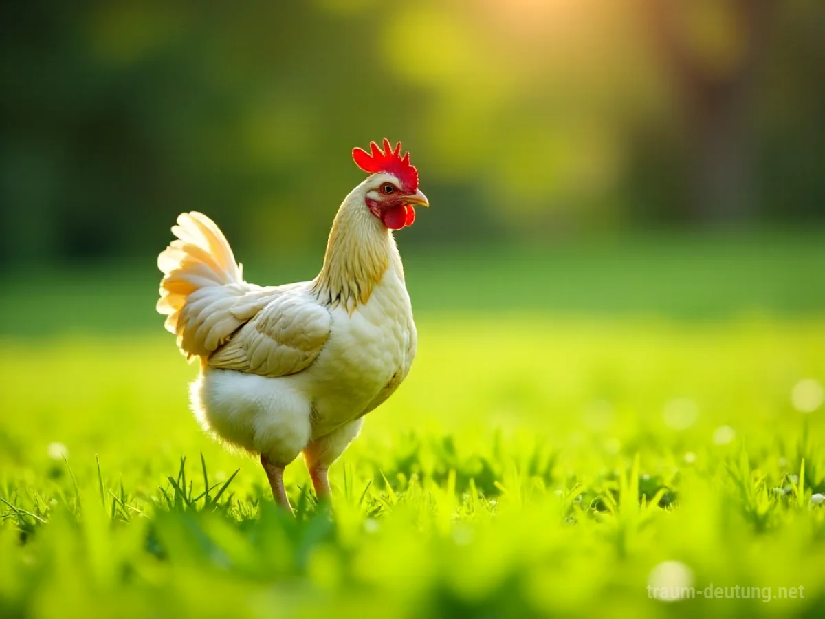 Ein Huhn steht allein auf einer sonnigen Wiese.