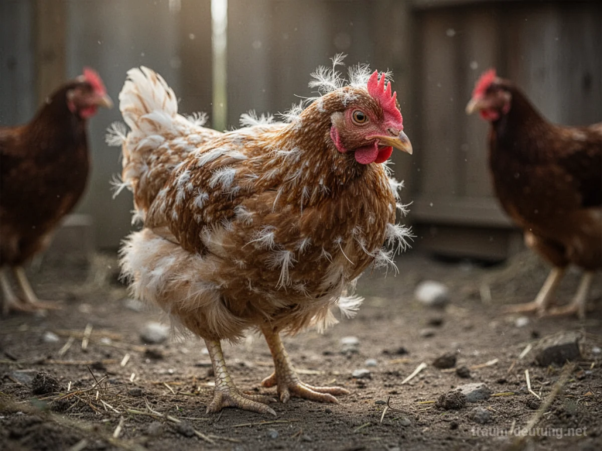 Ein Huhn mit wenigen Federn auf einem Bauernhof