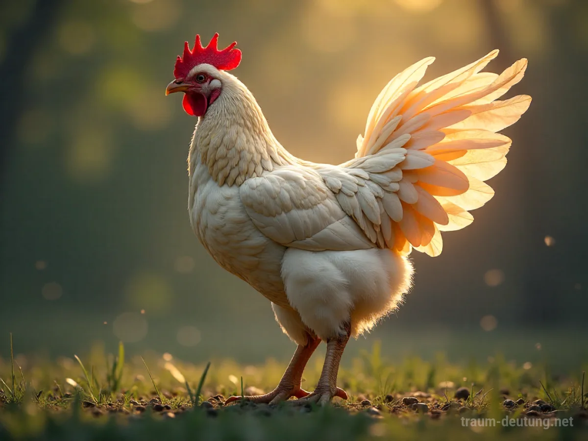 Ein Huhn, das sich in einen Vogel verwandelt, umgeben von sanftem Licht