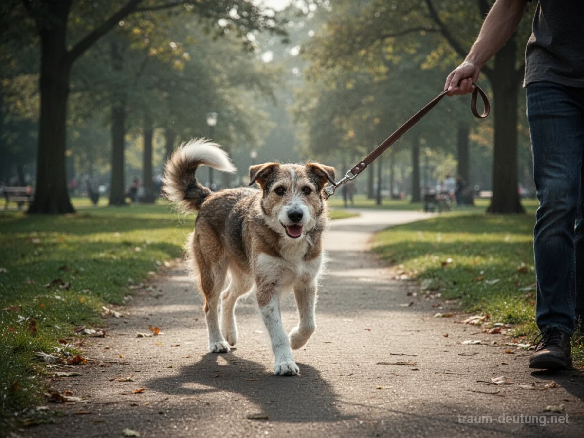 Hund an der Leine führt seinen Besitzer über einen Weg