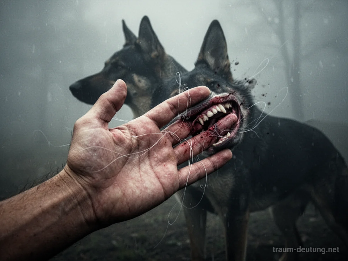 Eine Hand, die von einem Hundebiss getroffen wird, mit einem angedeuteten Hund im Hintergrund.
