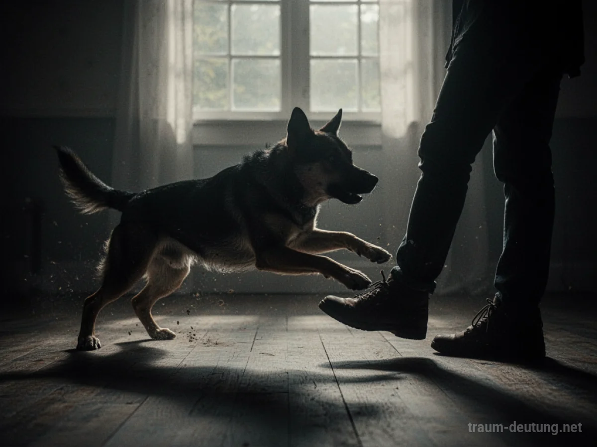 Ein Hund in der Dunkelheit greift eine Person an.