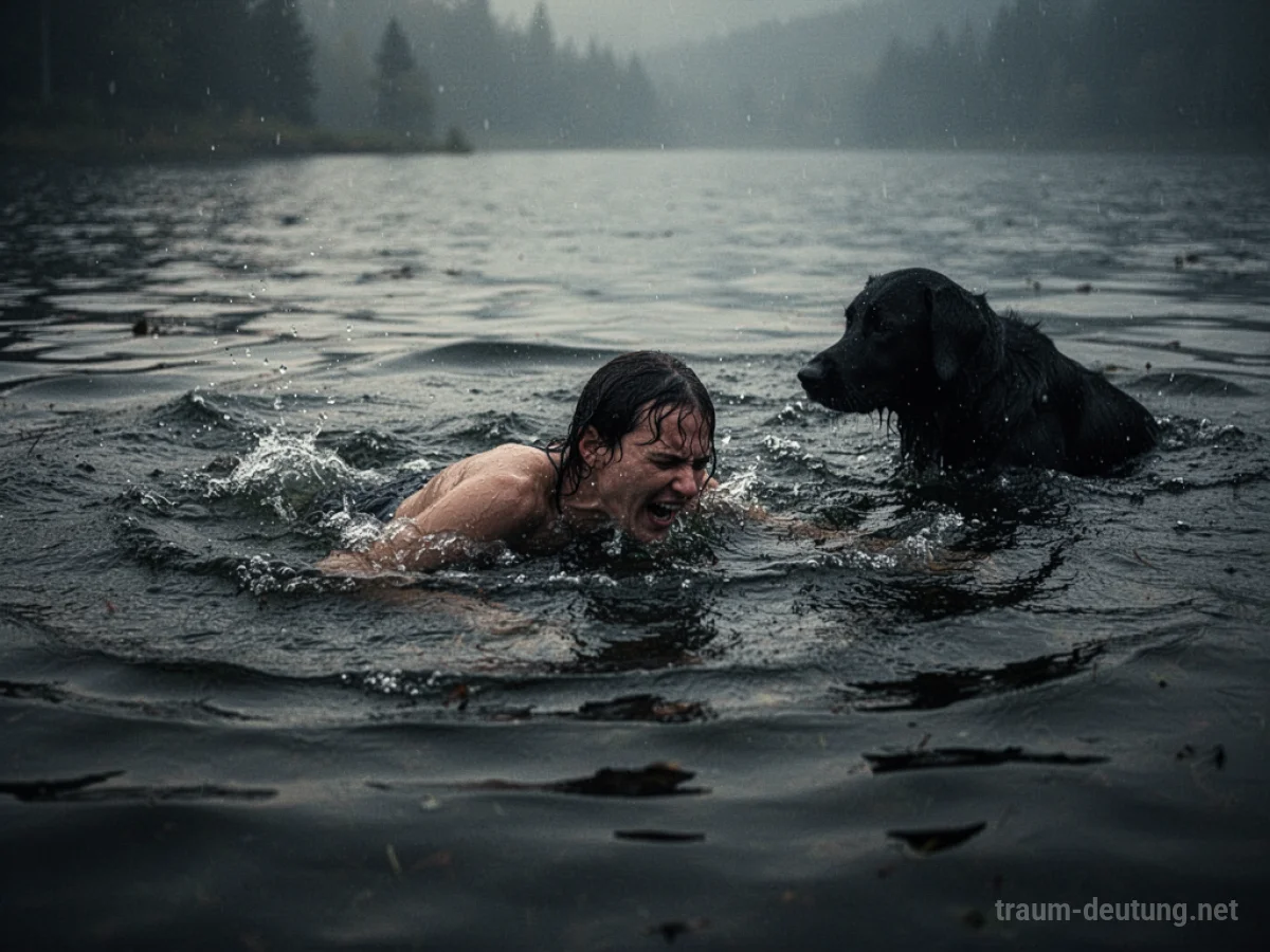 Ein Hund im Wasser nähert sich einer Person, die im trüben Wasser treibt.