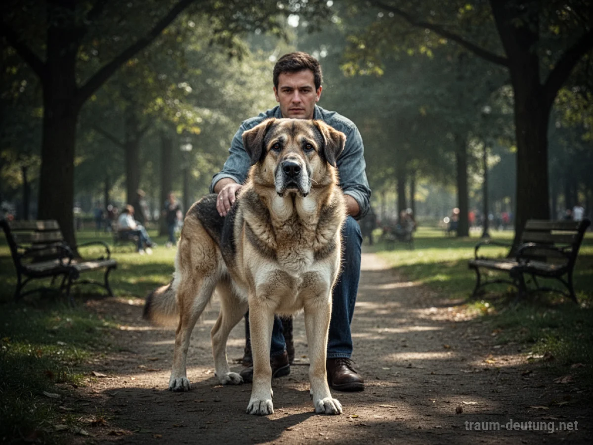 Ein großer Hund steht beschützend vor einer Person in einem Park.