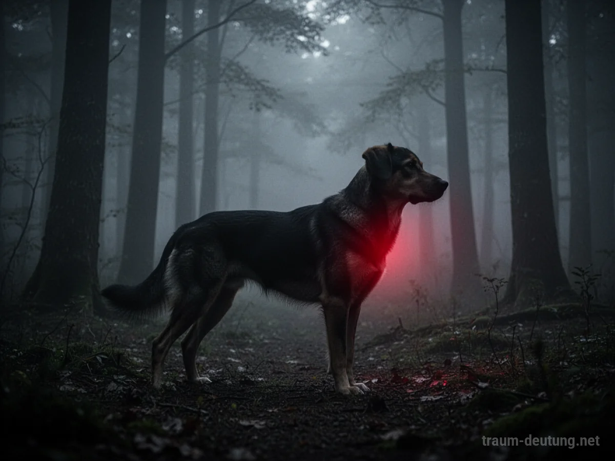Schatten eines Hundes mit einem roten Schimmer, der im Nebel steht.