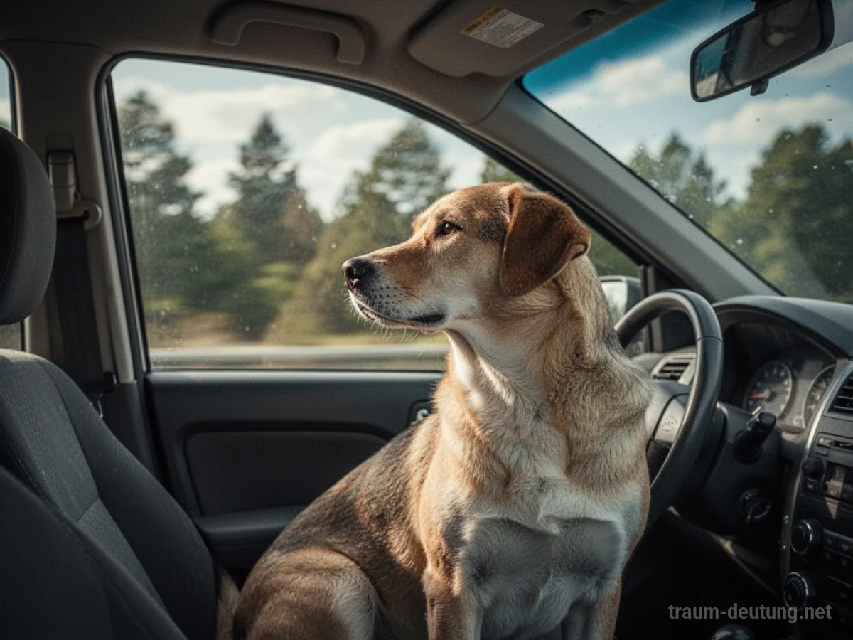 Ein Hund sitzt ruhig im Auto und schaut aus dem Fenster.