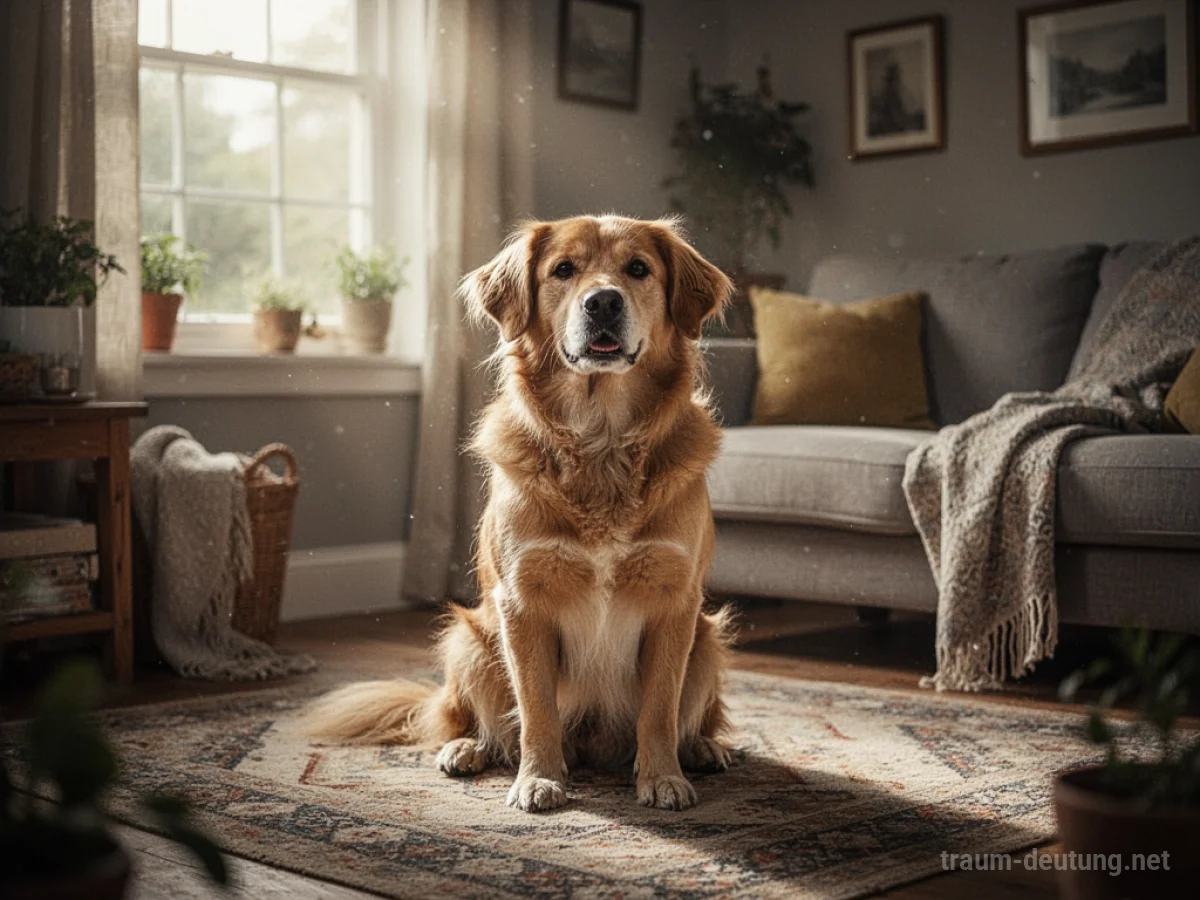 Ein Hund sitzt ruhig in einem Wohnzimmer und blickt nach vorn.