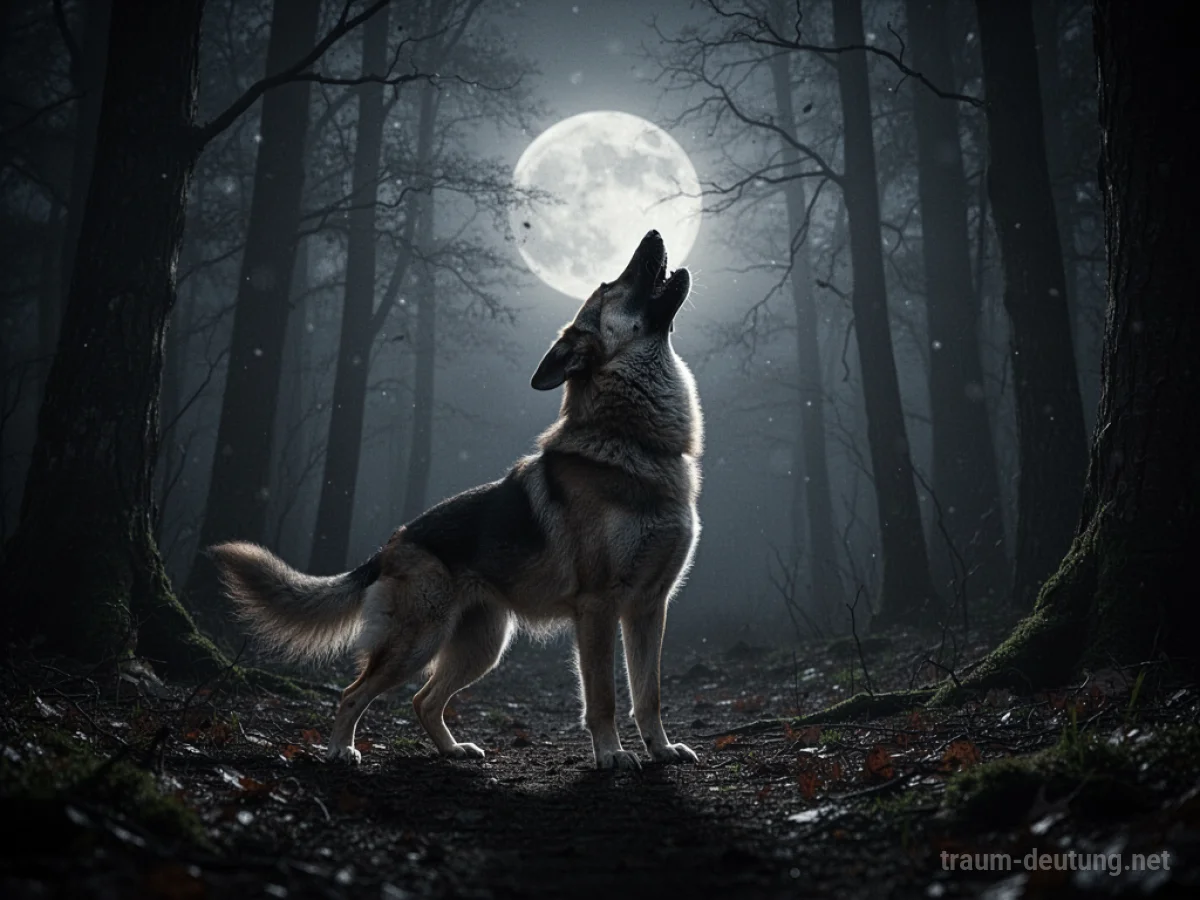 Ein Hund heult im Dunkeln unter dem Mondlicht im Wald.