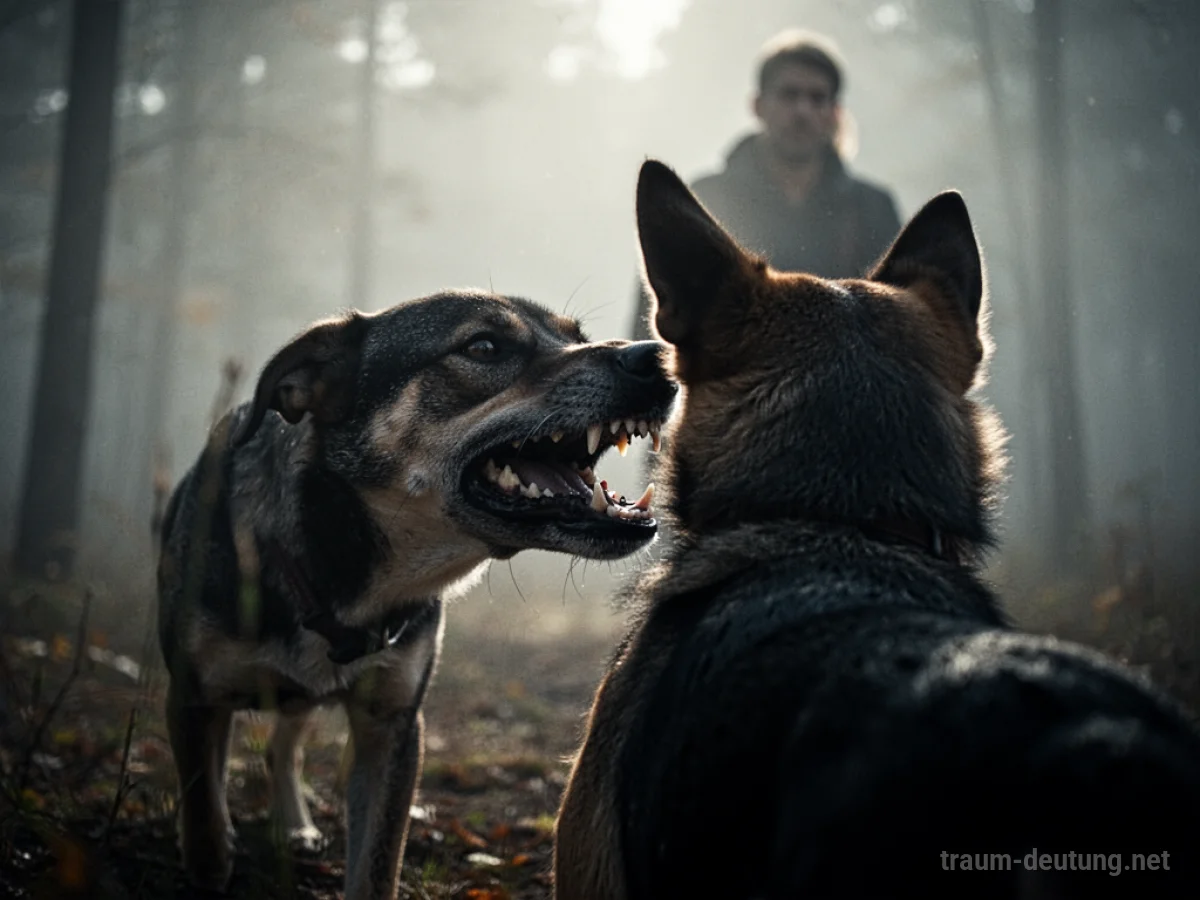 Hund mit entblößten Zähnen in Richtung einer menschlichen Silhouette