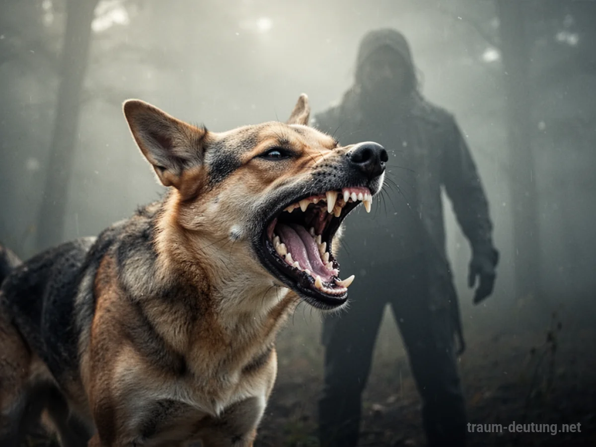 Ein Hund knurrt kämpferisch, eine schemenhafte Gestalt ist im Hintergrund zu sehen.