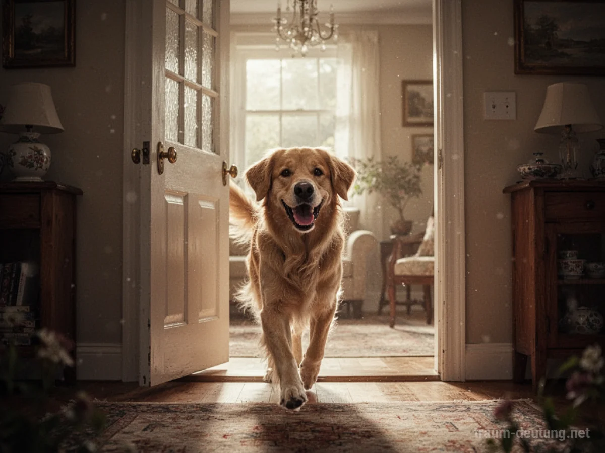 Ein freundlicher Hund betritt glücklich ein offenes Haus.