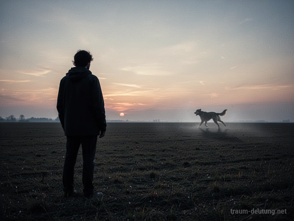 Silhouette eines Hundes, der in der Ferne wegläuft, während eine Person zusieht.
