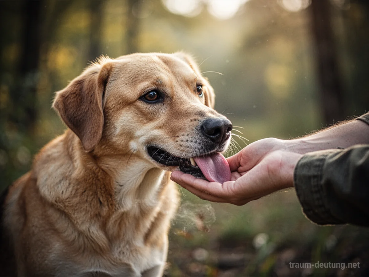 Ein Hund leckt freundlich die Hand einer Person in einer warmen, natürlichen Umgebung.